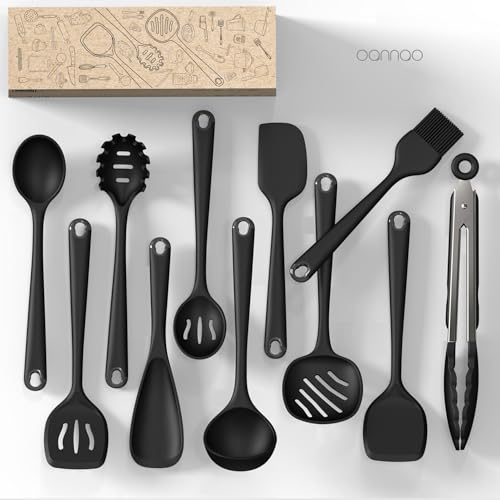 Silicone Kitchen Utensils Set,Utensils Sets for Cooking,Dishwasher Safe | Seamless Spatula Set,Nonstick Cookware, BPA-Free,Heat Resistant up to 600°F, Housewarming Gift,Black - color: Black