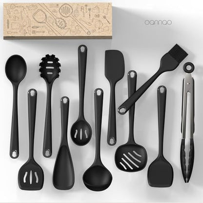Silicone Kitchen Utensils Set,Utensils Sets for Cooking,Dishwasher Safe | Seamless Spatula Set,Nonstick Cookware, BPA-Free,Heat Resistant up to 600°F, Housewarming Gift,Black - color: Black