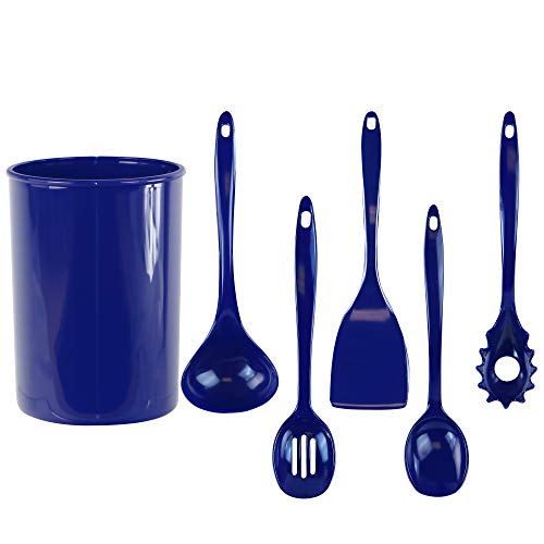 Reston Lloyd 6 Piece Kitchen Utensil Holder for Kitchen Counter, Utensils Crock with Heat Resistant Spoon, Slotted Spoon, Ladle, Spatula BPA Free, Indigo - color: Indigo, size: Utensil Holder Set