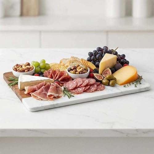 HomeWetBar Personalized Acacia Charcuterie Board With cheese Knives | Custom 16 x 9 x 1/2 White Marble & Acacia Wood Cheese Board | Perfect Housewarming + Wedding + Couples Gift Idea - style: Winslow Cheese Board + Cheese Knives