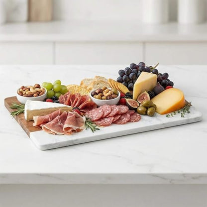 HomeWetBar Personalized Acacia Charcuterie Board With cheese Knives | Custom 16 x 9 x 1/2 White Marble & Acacia Wood Cheese Board | Perfect Housewarming + Wedding + Couples Gift Idea - style: Winslow Cheese Board + Cheese Knives