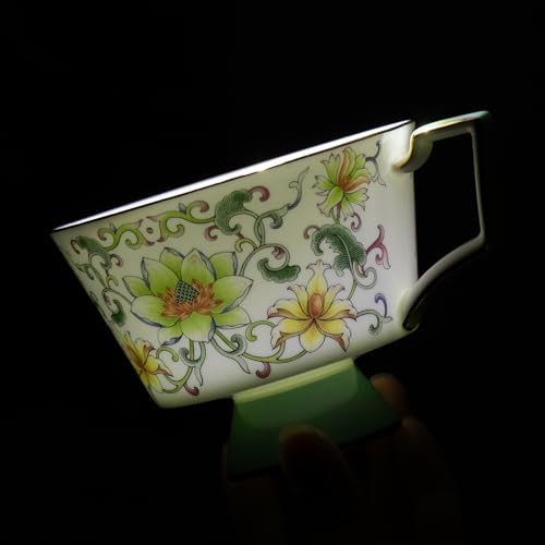 KAMMAK Ceramic Coffee Cups Saucers Set of 2, Porcelain Espresso Cups with Saucers, 8.12 oz Handcrafted Elegant Bone China Tea Cups, Lotus Floral Pattern Teacup for Party, Office, Women Gift - color: Ruyi Lotus (Pink + Green)