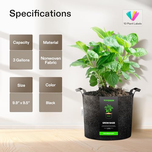 VIVOSUN 5-Pack 3 Gallon Plant Grow Bags Heavy Duty Thickened Nonwoven Fabric Pots with Handles | 300G Thickened Nonwoven Fabric, Excellent Drainage, Healthy Root Growth, BPA-Free, Reusable - color: Black, size: 3 Gallons