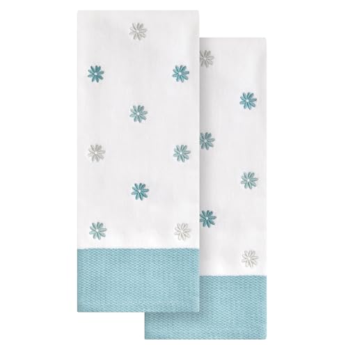 Ritz 2-Piece Cotton Velour Hand Towel Set, Embroidered Allover Daisies, White & Aqua Blue Floral Decorative Bathroom Towels for Cottage, Spa, or Summer Home Decor, 16 in x 26 in - color: Daises Aqua, size: 2-Pack Hand Towels