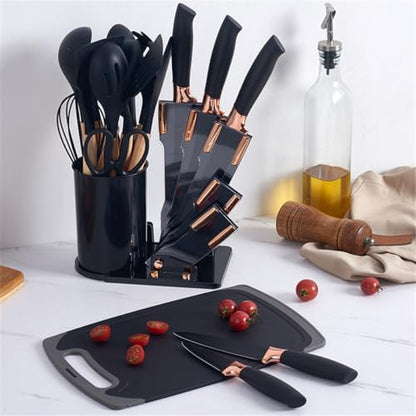 Kitchen Cooking Utensils and Knife Set with Block, 19 Pieces Cooks Cutting Set 11 Silicone Utensils Tool 5 Pcs Sharp Stainless Steel Chef Knives Scissors Whisk Tongs and Cutting Board (Black) - color: Black