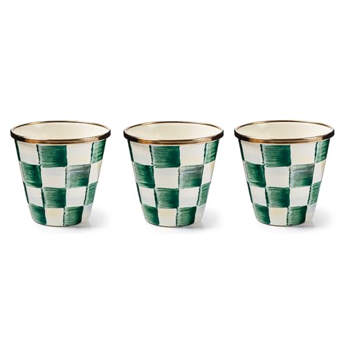 MACKENZIE-CHILDS Enamel Herb Pot Set, Small, Green-and-White Emerald Check | Hand-painted design, small plant pots for herbs or flowers, 3.5" dia. x 3.25" H, 8-ounce capacity per pot, set of 3 - color: Emerald Check