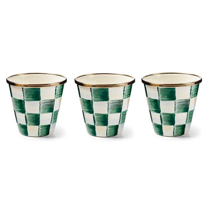 MACKENZIE-CHILDS Enamel Herb Pot Set, Small, Green-and-White Emerald Check | Hand-painted design, small plant pots for herbs or flowers, 3.5" dia. x 3.25" H, 8-ounce capacity per pot, set of 3 - color: Emerald Check