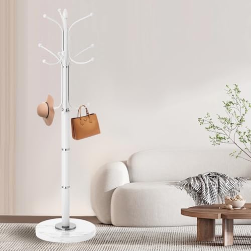 Coat Rack Stand,White Metal Coat Rack Freestanding with 12 Hooks | Modern Coat Rack with Natural Marble Base,Heavy Duty Coat Hanger Stand, Coat Hall Clothes Tree Stand for Office,Bebroom - color: White-12Hooks