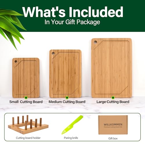 Bamboo Cutting Board Set of 3, Cutting Boards For Kitchen with Juice Groove, Bamboo Chopping Board Set, Serving Board Set for Meat, Vegetable and Cheese - color: Bamboo Set of 3 with Hole