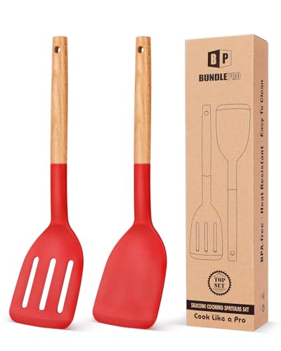 Pack of 2 Silicone Cooking Spatula, Heat Resistant Solid Turner, Non Stick Slotted Spatulas with Wooden Handle,Ideal Wood Kitchen Utensils Set for Frying, Baking, Flipping, Turning (RED) - color: Red