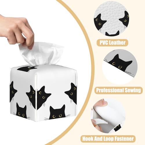 Black Cat Tissue Box Cover Square, Tissue Box Holder with Bottom Belt Leather Facial Paper Organizer Dispenser for Bathroom Bedroom Dresser Night Stand Tabletop - color: Black Cat