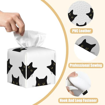 Black Cat Tissue Box Cover Square, Tissue Box Holder with Bottom Belt Leather Facial Paper Organizer Dispenser for Bathroom Bedroom Dresser Night Stand Tabletop - color: Black Cat