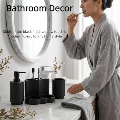 Black Resin Bathroom Accessories Set, Removable, 3 Piece Easy-to-Clean | Soap Dispenser, Toothbrush Holder, Tumbler & Countertop Organizer,Bathroom Accessory Set for Home, Apartment & Guest Bathroom