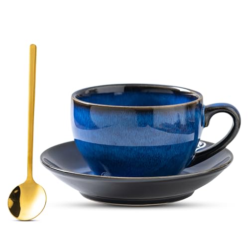Porcelain Coffee Cup with Saucer Spoon, Vintage Design Ceramic Latte Art Cappuccino Barista Espresso Tea Cup with Saucer (11.6 oz, 350ml, Starry Blue) - color: Starry Blue