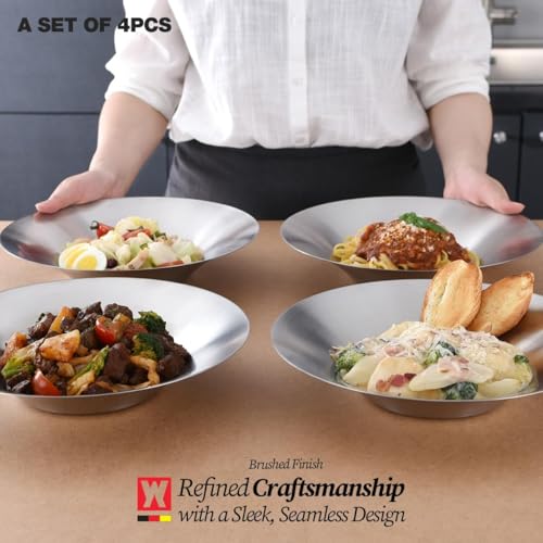 WAGENSTEIGER A Set of 4 Stainless Steel Dinner Plates, Salad Bowls, Spaghetti Serving Platters, Buffet Party Pans, Catering Trays, Classic Brushed Finish, Great for Both Hot & Cold Dishes (4)