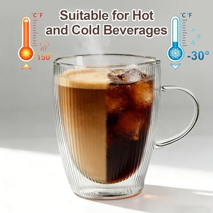 4 Pack Double Wall Glass Coffee Mugs, 12oz Glass Coffee Cup with Handle, Double Insulated Coffee Mugs Perfect for Espresso, Cappuccino, Latte, American, Tea Bag, Hot Beverages