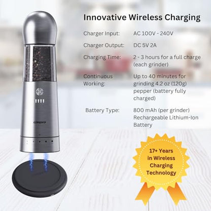 COSPRO Electric Grinder with Qi-Wireless Charging Base | Kitchen Gift | Rechargeable Automatic Spice Mill | Stainless Steel | One Hand Button Use | Adjustable Coarseness | Easy Clean - size: Set of 1
