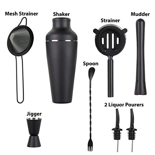 9-Piece Cocktail Shaker Bartender Kit with Stand, Matte Black Bar Tools | Boston Shaker, Mixing Spoon, Muddler, Measuring Jigger, Mesh & Regular Strainer, Liquor Pourers & More Professional Tools