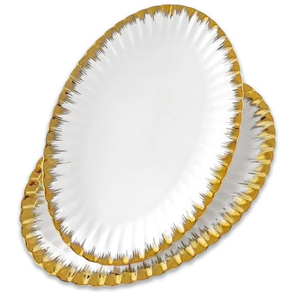 Serving Platters, Ceramic Oval Serving Platters,12 Inch Serving Dishes/Trays for Party Entertaining, Porcelain White Dinner Plates with Gold Trim for Sandwich, Appetizer, Fruit, Desserts, Set of 2 - color: Oval White and Gold-2 Pcs