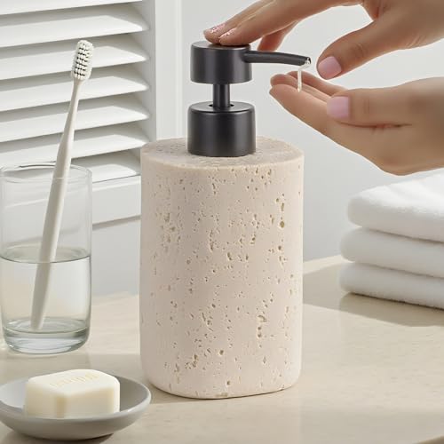 Clasin Home 2 Pack Beige Resin Soap Dispensers, Refillable Liquid Lotion Dispenser Bottles with Travertine-Look for Bathroom and Kitchen Countertop, Modern Stone Texture (10.8 oz) - color: Beige