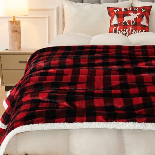BEAUTEX Christmas Sherpa Fleece Twin Blanket Soft Warm Buffalo Plaid | Plush Blanket & Throw, Winter Cozy Fuzzy for Couch, Sofa, Bed (Red, 60" x 80") - color: Plaid Red, size: Twin-60"x80"