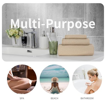 MICROFI Microfiber Waffle Bath Towels, 3 Pieces, Oversized, Soft, Absorbent, Fast Drying, Lint Free, Includes Bath, Face and Hand Towels 430 GSM - color: Beige