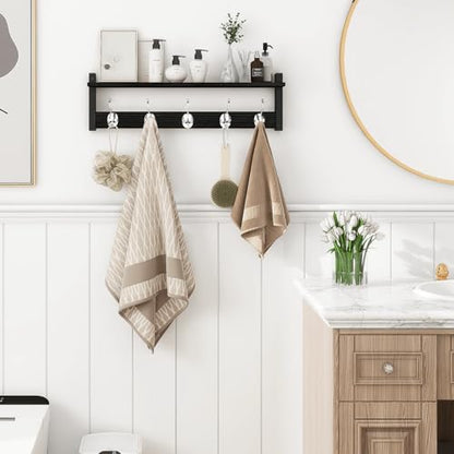 Coat Rack Wall Mount with Shelf, 24" Long Entryway Shelf with Hooks Underneath, Wooden Coat Hanger for Hanging Hats, Bathroom Towels, Clothes, Black - color: Black, size: 24 Inch Long