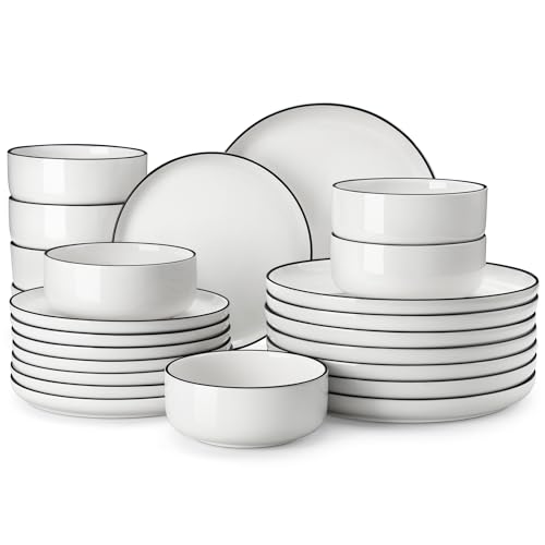MALACASA Plates and Bowls Sets, 24 Pieces Modern Porcelain Dinnerware Set for 8 White Kitchen Dinner Dining Ware Set wtih Black Rim Ceramic Dishware Dishes Microwave and Dishwasher Safe, Series LUNA | Modern Ceramic Dishware Set,Kitchen Dining Ware,Microw