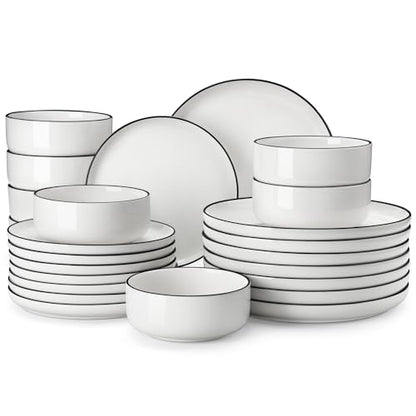 MALACASA Plates and Bowls Sets, 24 Pieces Modern Porcelain Dinnerware Set for 8 White Kitchen Dinner Dining Ware Set wtih Black Rim Ceramic Dishware Dishes Microwave and Dishwasher Safe, Series LUNA | Modern Ceramic Dishware Set,Kitchen Dining Ware,Microw