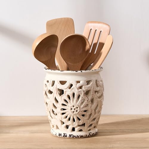 Farmhouse Kitchen Utensil Holder for Kitchen Counter, Ceramic Large Cooking Utensil Crock with Cork Mat, Decorative Rustic Utensil Organizer for Countertop, Spatula, Antique Beige - color: 16148-Beige