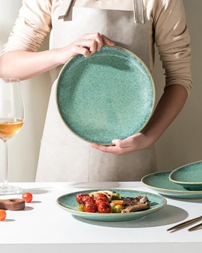 HENXFEN LEAD 10 Inch Dinner Plates Set, Porcelain Serving Dishes for Salad, Pasta, Dessert Microwave, Dishwasher Safe Plates Set of 4 - Reactive Green