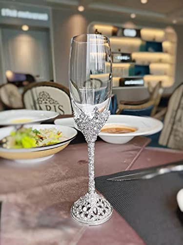 Champagne Flutes - Crystal Glass Metal Base With Crystal Stones, Set of 2 Toasting Flute Pair, Wedding Anniversary Party Birthday Banquets and Gifts for Bride and Groom(Silver) - color: Silver