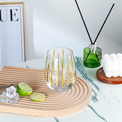 Joeyan Hand Blown Stemless Wine Glasses with Gold Dots Swirls Grids Strips Pattern for Red White Wine,Large Drinking Glass Cups,Wine Glass Tumblers for Wedding Party Home,Set of 4,17.5 oz - color: Gold Dots Swirls Strips Grids Patterned
