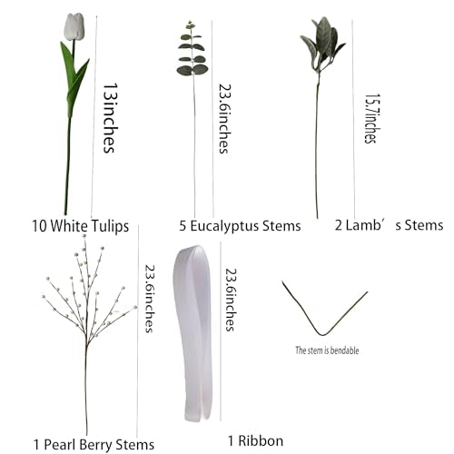 18 Stems White Artificial Tulip Bouquet with Eucalyptus | Real touch petals, pearl berries, bendable stems, elegant centerpiece, dining table decor, no vase - color: White