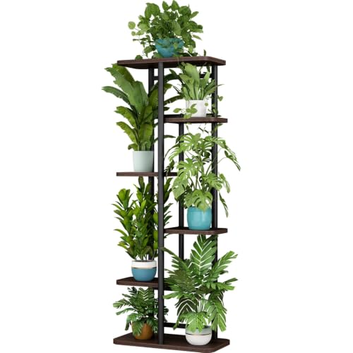 LINZINAR Plant Stand Indoor 6 Tier Metal Corner Tall Flower Shelf | Plant Rack for Multiple Plants, Tiered Flower Plant Holder for Patio, Garden, Balcony, Living Room, Bedroom Black Oak - color: Black Oak, size: 6 Tier-7 Potted
