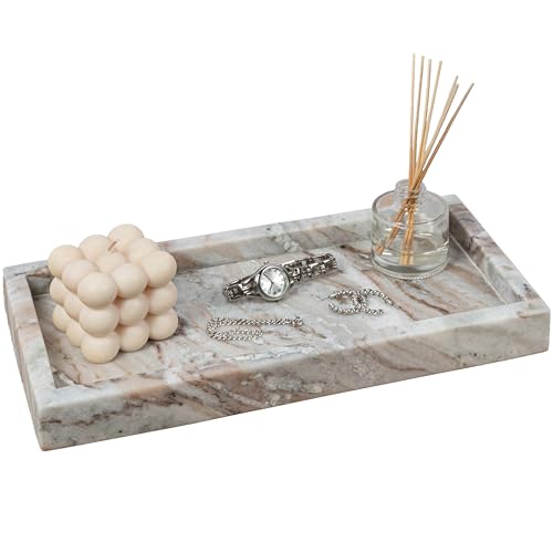 happimess Luxe Stone Rectangular Bathroom Tray 12" x 6", Beige Marble | Polished Classic Minimalist Storage Decor, Display Coffee Table Serving Platter, Waterproof Scratch-Resistant - color: Beige Marble