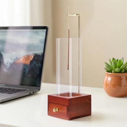 Brown Wooden Incense Holder with Easy-Clean Ash Catcher Drawer, Vertical Incense Burner with Windproof Glass Tube & Stainless Steel Base for Meditation, Includes 20 Sticks