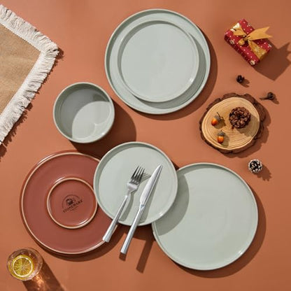 LIANYU Stoneware Dinnerware Sets Service for 8, 24 PCS Plates and Bowls Set | Handmade Ceramic Dish Set, Highly Chip and Crack Resistant Modern Plate Set, Laurel Green - color: Fog Green