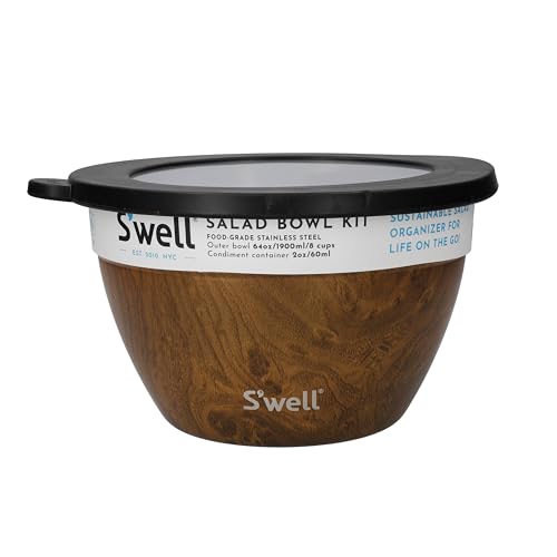 S’well Stainless Steel Salad Bowl Kit, Teakwood Finish, Includes 2oz Condiment Container and Removable Tray, Leak-Proof and Easy to Clean, Dishwasher Safe, 64oz (Pack of 8) - color: Teakwood, size: 64oz (Pack of 8)