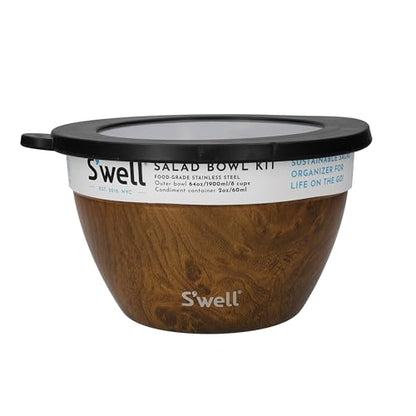 S’well Stainless Steel Salad Bowl Kit, Teakwood Finish, Includes 2oz Condiment Container and Removable Tray, Leak-Proof and Easy to Clean, Dishwasher Safe, 64oz (Pack of 8) - color: Teakwood, size: 64oz (Pack of 8)