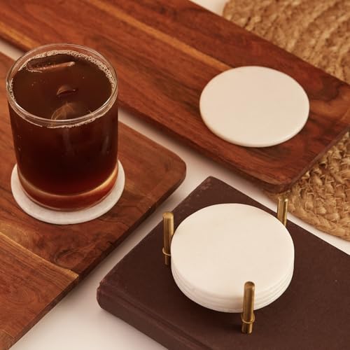 Queenza Marble Coasters for Drinks, Natural Stone Coasters Set for Coffee Table, Bar, Dining & Home Decor, Set of 6 Sleek 3.5-Inch, 5 mm Thick Tiles with Metal Holder, Polished from Both Sides