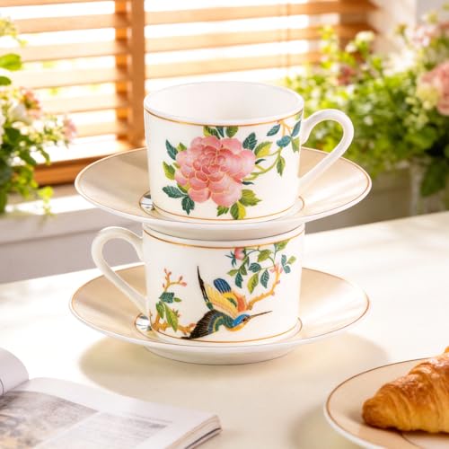 KAMMAK Tea Cups and Saucers Set of 2, Porcelain Coffee Cups, JBE004 | Stackable Espresso Mugs, Ceramic Demitasse for Coffee, Cappuccino, Latte, Americano, Tea - size: 8CZJBE004