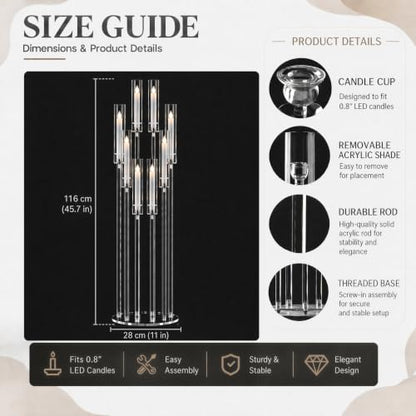 4PCS 8-Arm Acrylic Candelabra Centerpieces for Tables, Sturdy Solid Rods 45.6" Tall Floor Candle Holders Set with Shades for Wedding Birthday Party Anniversary, Clear