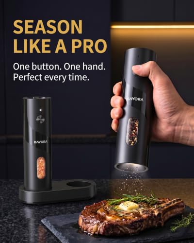 Rechargeable Electric Salt & Pepper Grinder Set, Charging Base, 2-Pk | Adjustable coarseness, large capacity, LED grind light, ceramic core, no batteries needed. Great kitchen gift.
