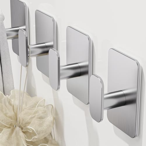 Large Heavy Duty Wall Hooks - 26lb Max, Stainless Steel Adhesive Towel Hooks for Hanging Towel, Coat, Robe, Hat, Sticky Towel Holder for Wall Mount in Bathroom, Shower, Kitchen(Silver, 4 Pack) - color: Silver-4