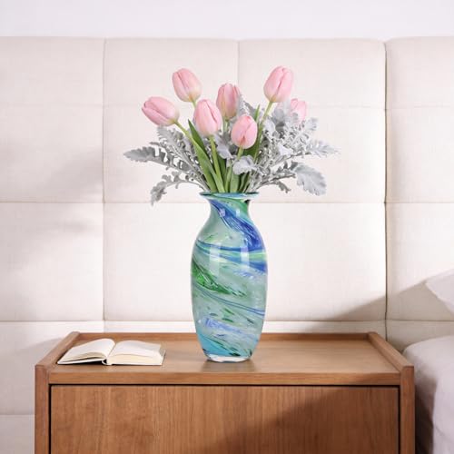 Hand Blown Glass vase, Blue Green Wide Mouth vase, Contemporary Glass Art Suitable for Display on Living Room Dining Tables, in Offices, bathrooms, Coffee Tables and hallways. - color: B-blue Veins