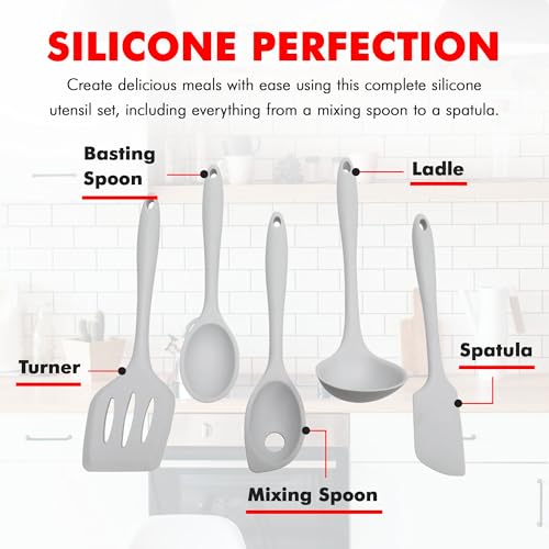 Chef Craft - Premium Silicone Kitchen Tools and Utensils Set, Non-Scratch, Withstands Temperatures up to 450°F, BPA-Free, 5 Piece Cooking Utensils Set, Gray - color: Gray, size: 5 Piece Set
