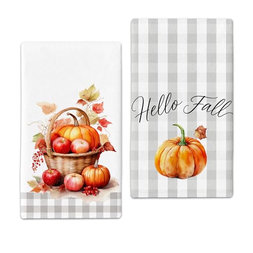 Apple Pumpkin Basket Fall Kitchen Towels Decor Set of 2,Grey Grid Autumn Dish Towel 17"x27",Farmhouse Indoor Thanksgiving Seasonal Vintage Home Decorations Hand Towels, Gift for Women - color: Apple-grey