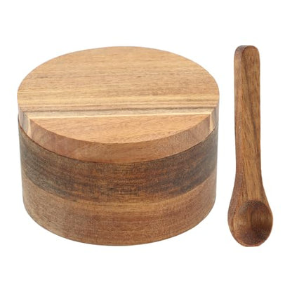 Saycker Wood Salt and Pepper Bowl, with Swivel Lid and Spoon Round Salt Container Spices Storage Box(10.3cm/4.06inch Dia) - color: L