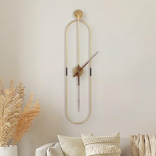 DRELIFAM Modern Oval Wall Clock Large Wall Clock with Walnut Pointers for Living Room Home Decor Bedroom Kitchen Office (Oval Gold, Large) - color: Oval Gold, size: Large